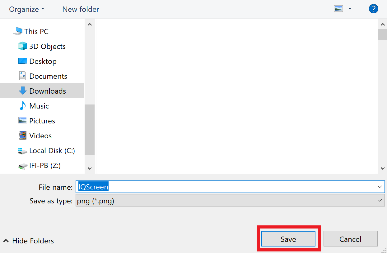 Įrenginio failų tvarkymo programa atidaryta ir nustatyta įrašyti failus į atsisiuntimų aplanką. Naujas failas yra png formato ir pavadintas IQScreen. Žemiau paryškintas mygtukas „Išsaugoti“.