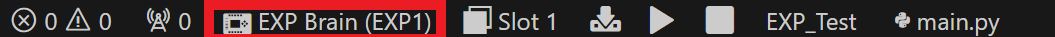 Das Symbol für die Geräteauswahl ist in der VS Code-Symbolleiste hervorgehoben. Im Geräte-Picker werden Typ und Name des angeschlossenen Geräts angezeigt. In diesem Beispiel lautet die Anzeige EXP Brain (EXP1).