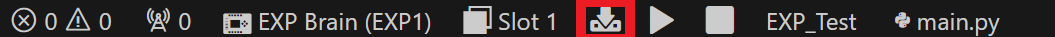 Das Download-Symbol ist in der VS Code-Symbolleiste hervorgehoben. Hiermit kann das Projekt auf den ausgewählten Slot eines angeschlossenen VEX Brain heruntergeladen werden.