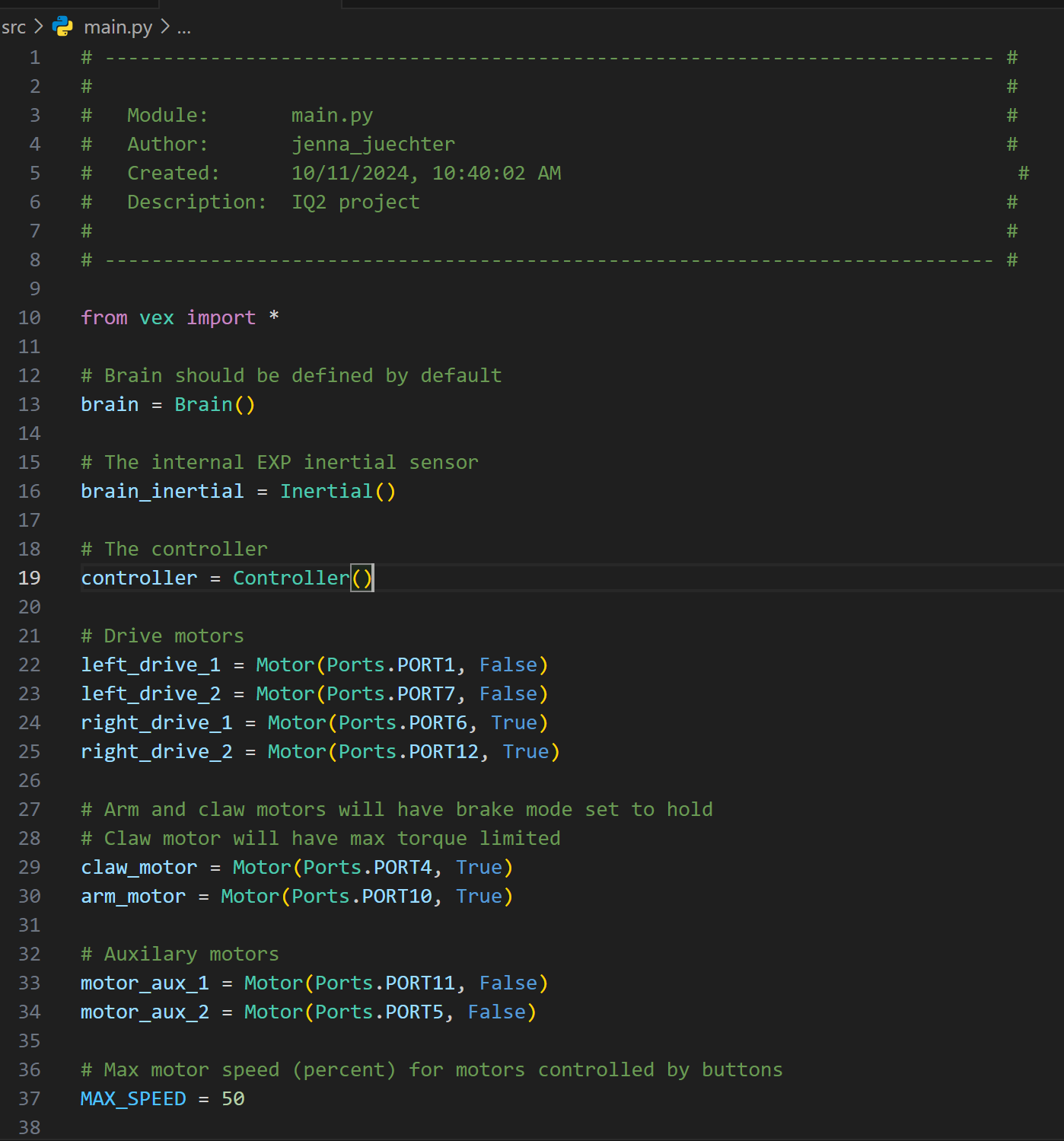VS kodo redaktorius su Python failu, atidarytu kaip VEX projekto dalis. Prijungus prie VEX Brain, čia galima rašyti ir redaguoti Python arba C/C++ kodą, kad būtų sukurtos VEX robotikos programos.