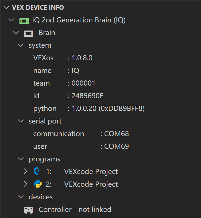 VEX Device Info section of the VEX Extension View is shown, with a list of all connected devices and specific info about each one. In this example, an IQ (2nd gen) Brain and its downloaded programs are shown.
