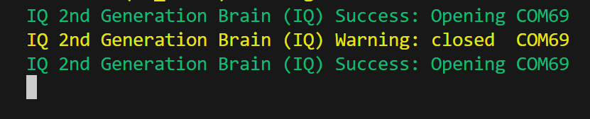 VS Code VEX Interactive Terminal is opened and shows messages that detail the VEX Brain connection status.