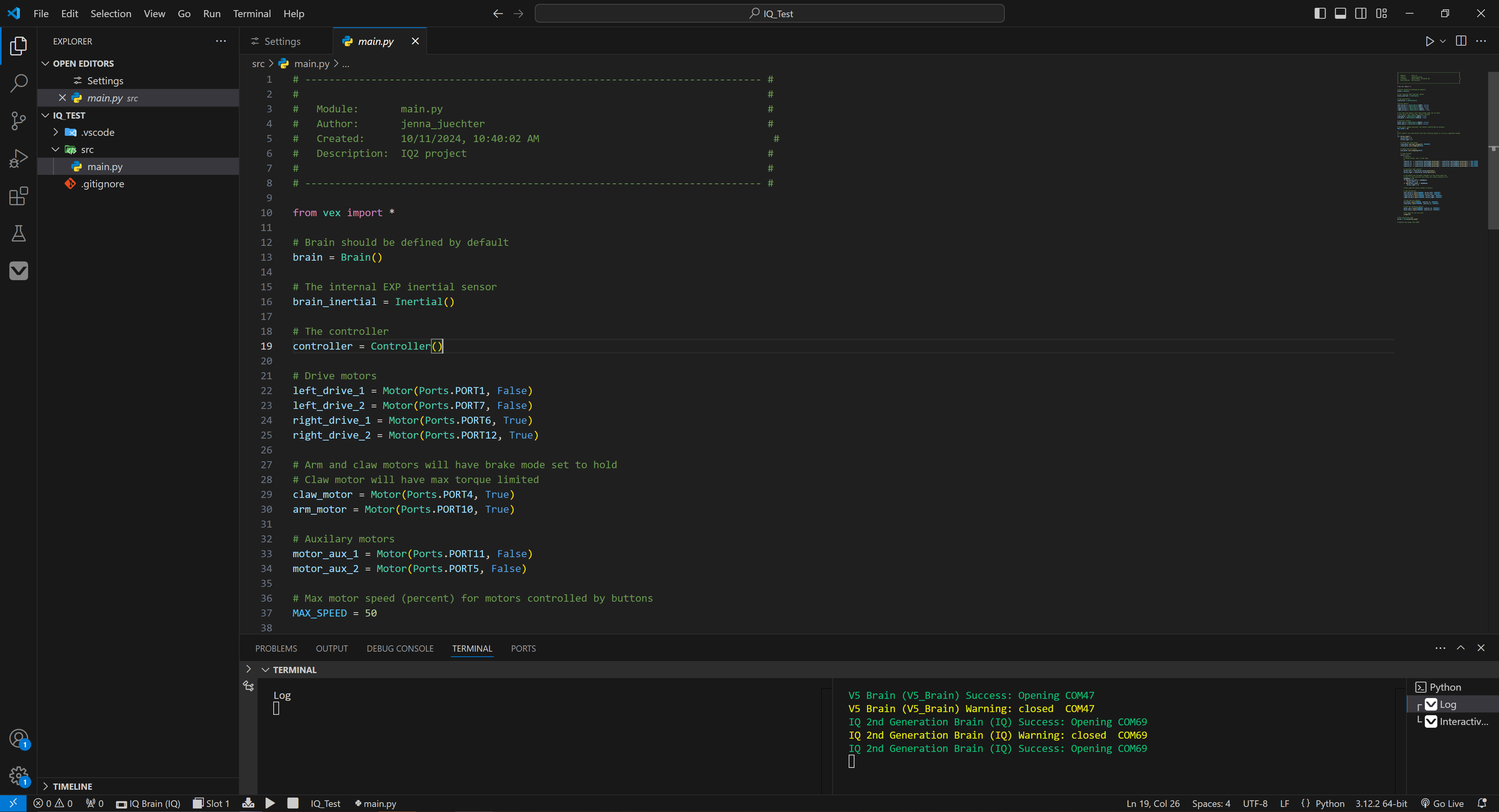 完全な VEX VS Code UI レイアウトを示すスクリーンショット。 アクティビティ バーとサイド バーは画面の左側にあり、ツールバーとターミナルは画面の下部にあり、エディターは画面の残りの部分を占めます。
