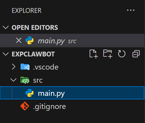 VS Code Explorer cho phép người dùng điều hướng các thư mục và tệp trong dự án VEX của họ. Các tệp có biểu tượng và loại tệp tương ứng được hiển thị, trong ví dụ này, tệp Python được chọn và tiêu đề là main.py.
