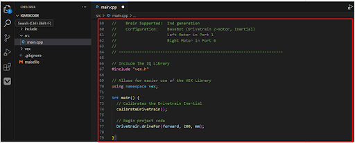 VS Code, megnyitva a main.cpp fájlt és megjelenítve a C/C++ kódot a szerkesztőben. A felhasználó most már készen áll a VEX C/C++ programozásra a VS Code-ban.
