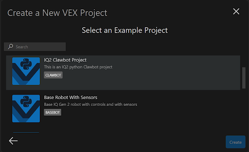 De optie voor de programmeertaal is geselecteerd en nu worden sjabloon-/voorbeeldprojecten weergegeven. U kunt via dit menu naar beneden scrollen om de volledige lijst met projecten te bekijken.