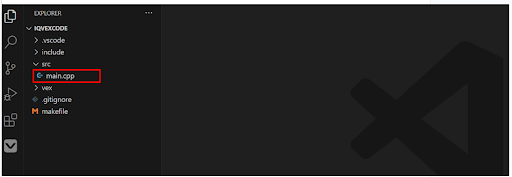 VS Code مع فتح مجلد src وإبراز ملف main.cpp بالداخل.