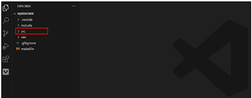 تم استيراد VS Code بنجاح وتم فتحه باستخدام مشروع VEX C/C++ المحفوظ مسبقًا. القائمة الجانبية مفتوحة والمجلد المسمى src مميز.