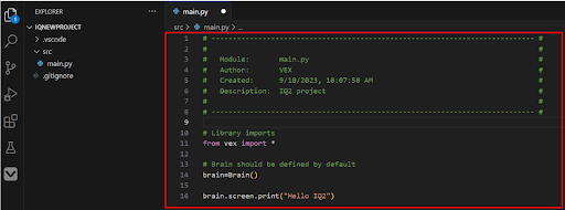 main.py dosyası açılmış ve editörde Python kodu gösterilmiş VS Code. Kullanıcı artık VS Code'da VEX Python programlamaya hazır.