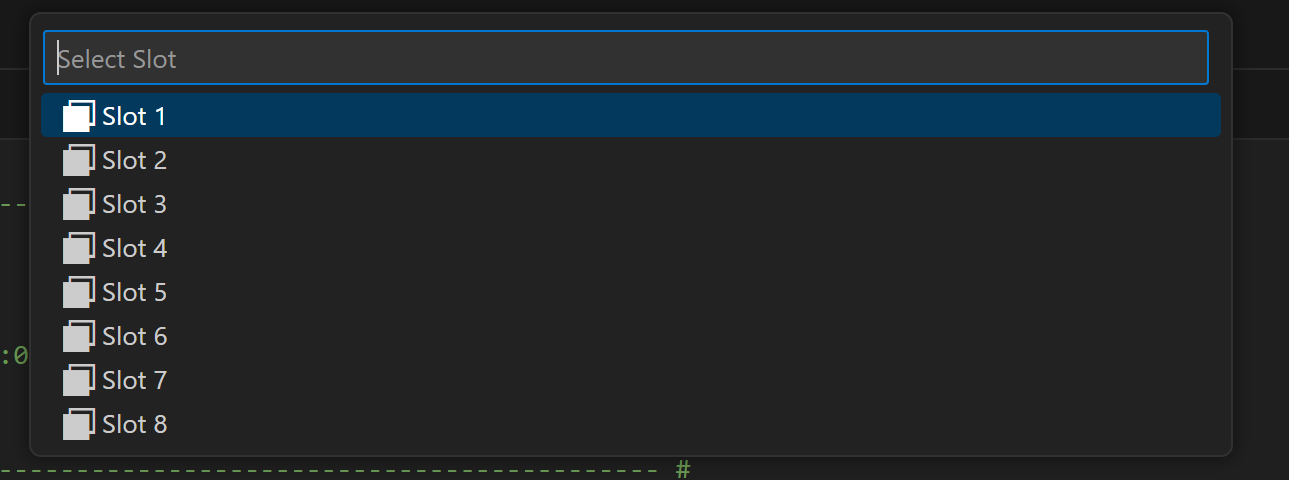 Barra de búsqueda de VS Code con una lista de selección rápida de todas las ranuras disponibles en el VEX Brain conectado. En este ejemplo, hay ocho espacios disponibles.