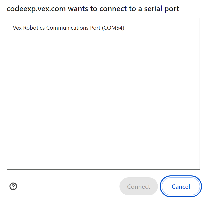 ব্রাউজার সংযোগ উইন্ডো, যেখানে VEX রোবোটিক্স কমিউনিকেশনস পোর্ট লেখা একটি বিকল্প রয়েছে।