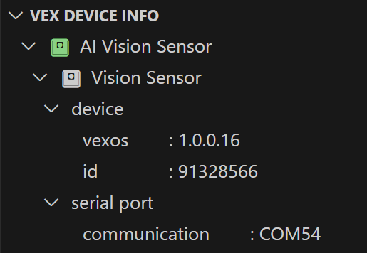 VS-koodin sivupalkki, jossa on avattu VEX-laitetietojen valikko. AI Vision Sensor -laite on luettelossa, ja tässä esimerkissä sen VEXos-laitteen numero on 1.0.0.16 ja sen tunnus on 91328566.