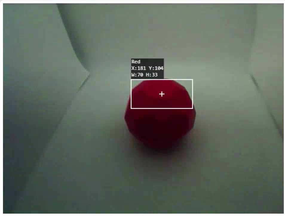 AI Vision Utility'nin video yayını gösteriliyor ve sensörün görüş alanında kırmızı bir Buckyball bulunuyor. Görüntü artık daha karanlık ve Buckyball'un yalnızca küçük bir alanı sensör tarafından vurgulanıyor. Bu, ışık seviyesinin değiştiğini ve Renk İmzasının yeniden kalibre edilmesi gerekebileceğini gösterir.