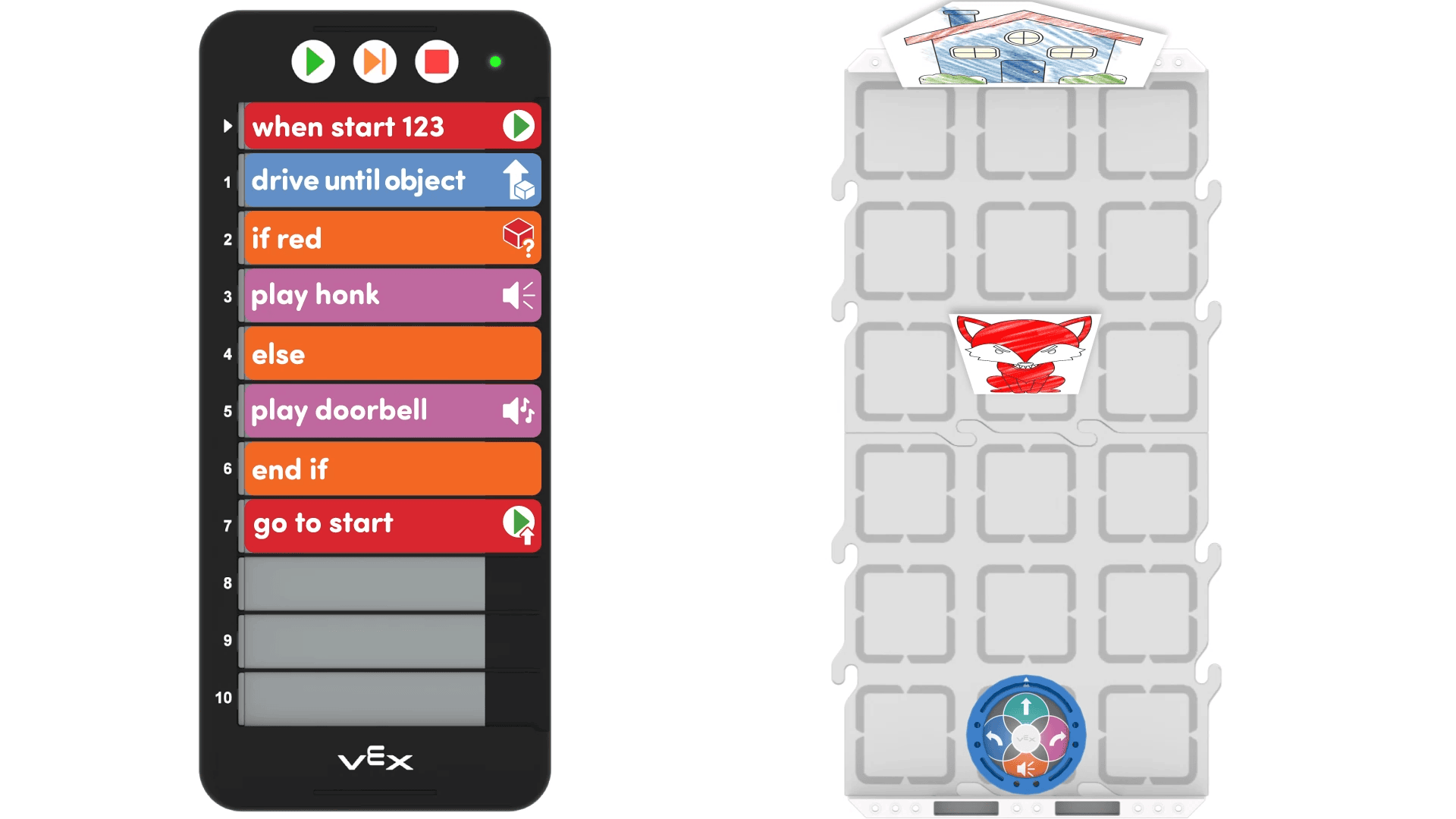 VEX 123 kodavimo įrenginys su projektu iš Little Red Robot STEM Lab, su 123 robotu ant lauko šalia jo, atsuktas į popieriaus iškarpas iš vilko ir močiutės namo.
