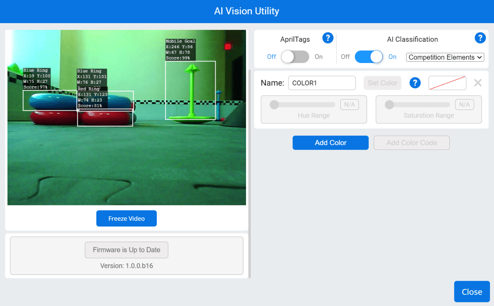 Narzędzie AI Vision Utility w kodzie VEXcode pokazujące wstępnie wytrenowane obiekty konkursowe dla gry High Stakes 24/25. W oknie widoczne są cztery pierścienie z danymi dotyczącymi każdego z nich, a także mobilny cel z danymi. Typy danych obejmują klasyfikację obiektu, dane x, y, szerokość, wysokość i wynik niezawodności.