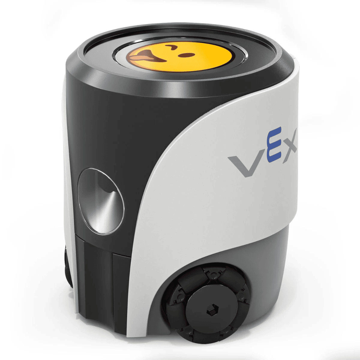 VEX AIM robotas su mirkčiojančiu šypsenėliu ir liežuviu ekrane.