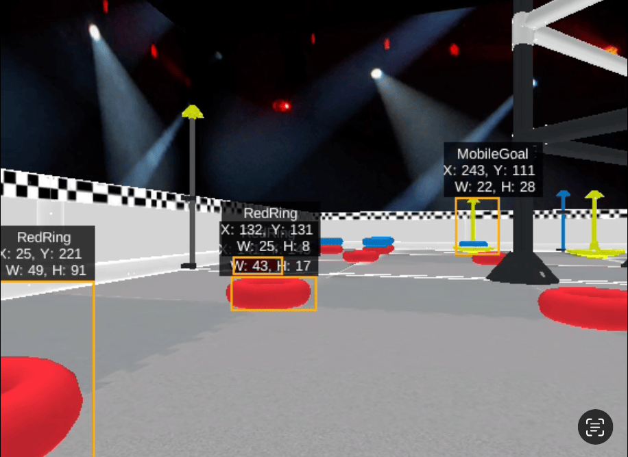 V5RC High Stakes žaidimų aikštelė VEXCode VR virtualiuose įgūdžiuose, rodanti žiedus ir mobiliuosius tikslus su x, y, pločio ir aukščio duomenimis apie kiekvieną iš jų.