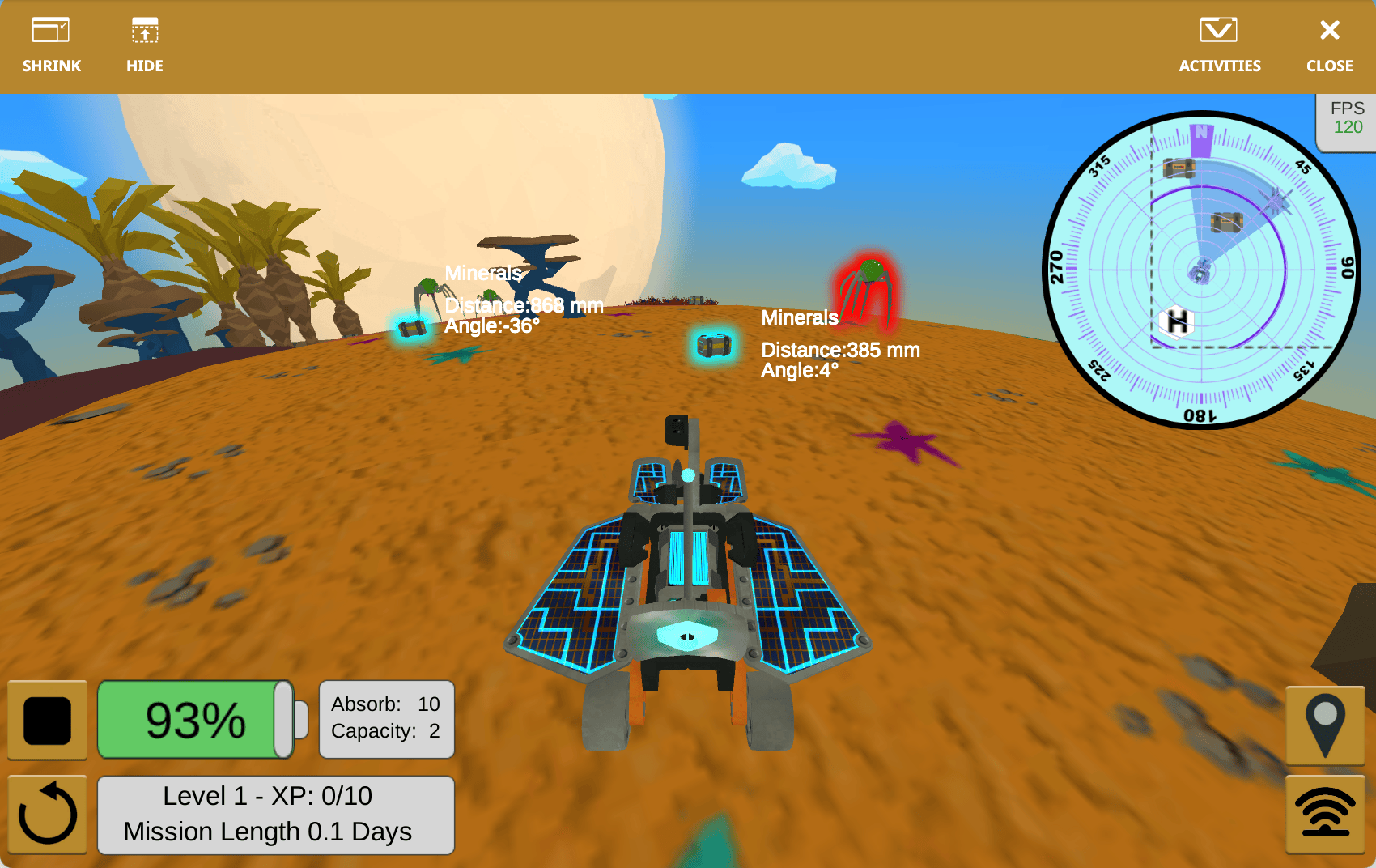 „Rover Rescue“ žaidimų aikštelė VEXcode VR, rodanti, kad „Rover“ susiduria su dviem mineralais ir vienu priešu. Apie kiekvieną mineralą rodomi atstumo ir kampo duomenys. Viršutiniame dešiniajame kampe yra 360 laipsnių mini žemėlapis, kuriame aptiktas roboto matymo laukas ir aptikimo diapazonas, taip pat mineralai ir priešai. Roboto kairėje yra sustabdymo mygtukas, akumuliatoriaus piktograma, rodanti 93% įkrovimą, ir dėžutė su dviem statistiniais duomenimis viduje: absorbcija 10 ir talpa 2. Po šiais elementais yra paleidimo iš naujo mygtukas ir langelis, rodantis roboto 1 lygį, 0/10 patirties taškų ir 0,1 dienos misijos trukmę.