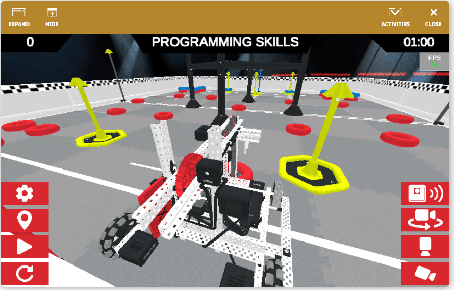 Una imagen de la parte posterior de Axel virtual en su posición inicial en el Virtual Skills High Stakes Playground, que muestra el sensor GPS y su posición en el robot, en relación con los elementos del juego y la configuración del campo frente al robot.