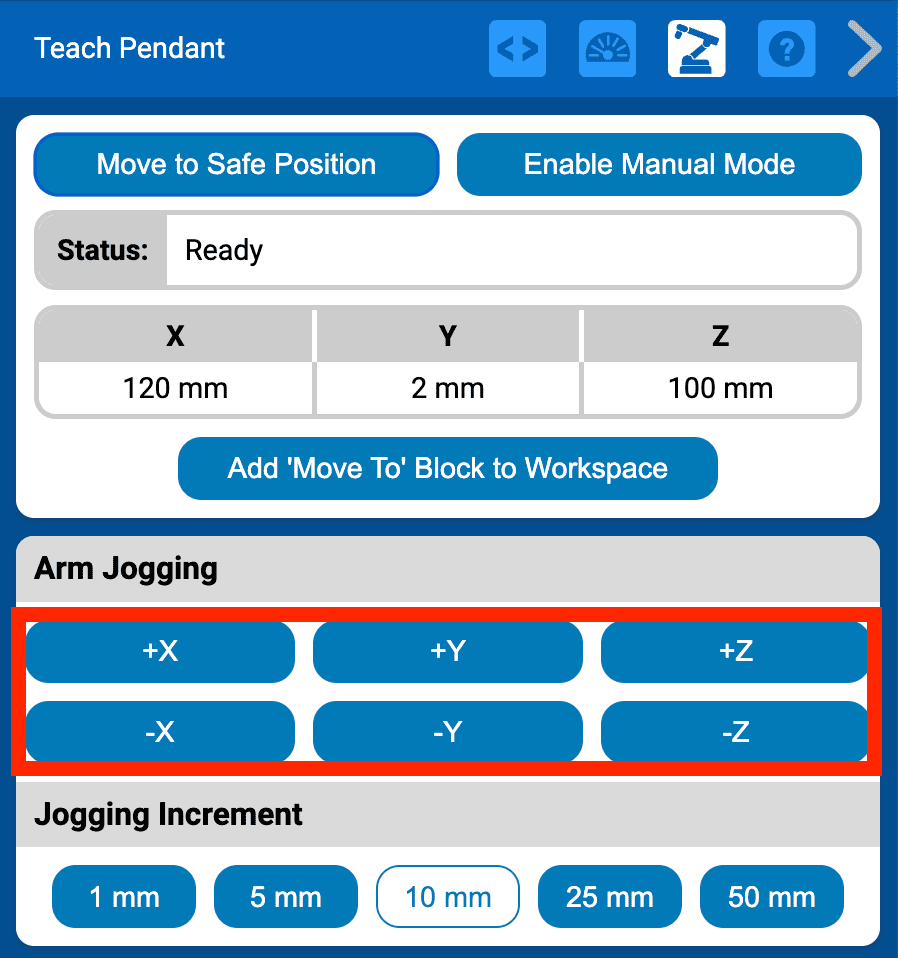 Die Oberseite des Teach Pendant in VEXcode wird mit einem roten Kästchen angezeigt, das die 6 Arm-Jogging-Tasten unter dem Dashboard hervorhebt. Die Tasten sind in zwei Reihen zu je drei angeordnet. In der obersten Zeile steht +X, +Y und +Z. In der unteren Zeile steht -X, -y, -z.