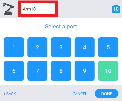 La configuración del dispositivo para el brazo de 6 ejes, que muestra el paso de selección del puerto. El cuadro de diálogo superior dice Arm 10 y el puerto 10 está seleccionado.