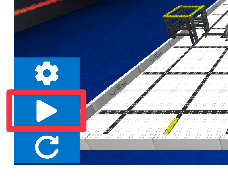 Detailní pohled na levý dolní roh okna Driving Skills Practice s tlačítkem Play, bílým trojúhelníkem směřujícím doprava, zvýrazněným v červeném poli. Tlačítko přehrávání je umístěno svisle mezi ikonou nastavení a tlačítkem reset.