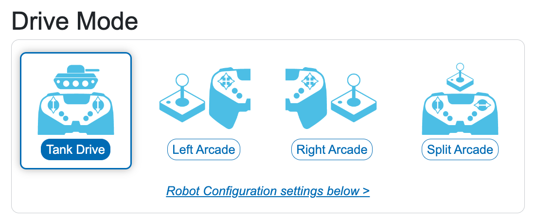 Detailní pohled na možnosti Drive Mode s vybraným Tank Drive. Další tři možnosti jsou vpravo a čtěte Left Arcade, Right Arcade a Split Arcade.