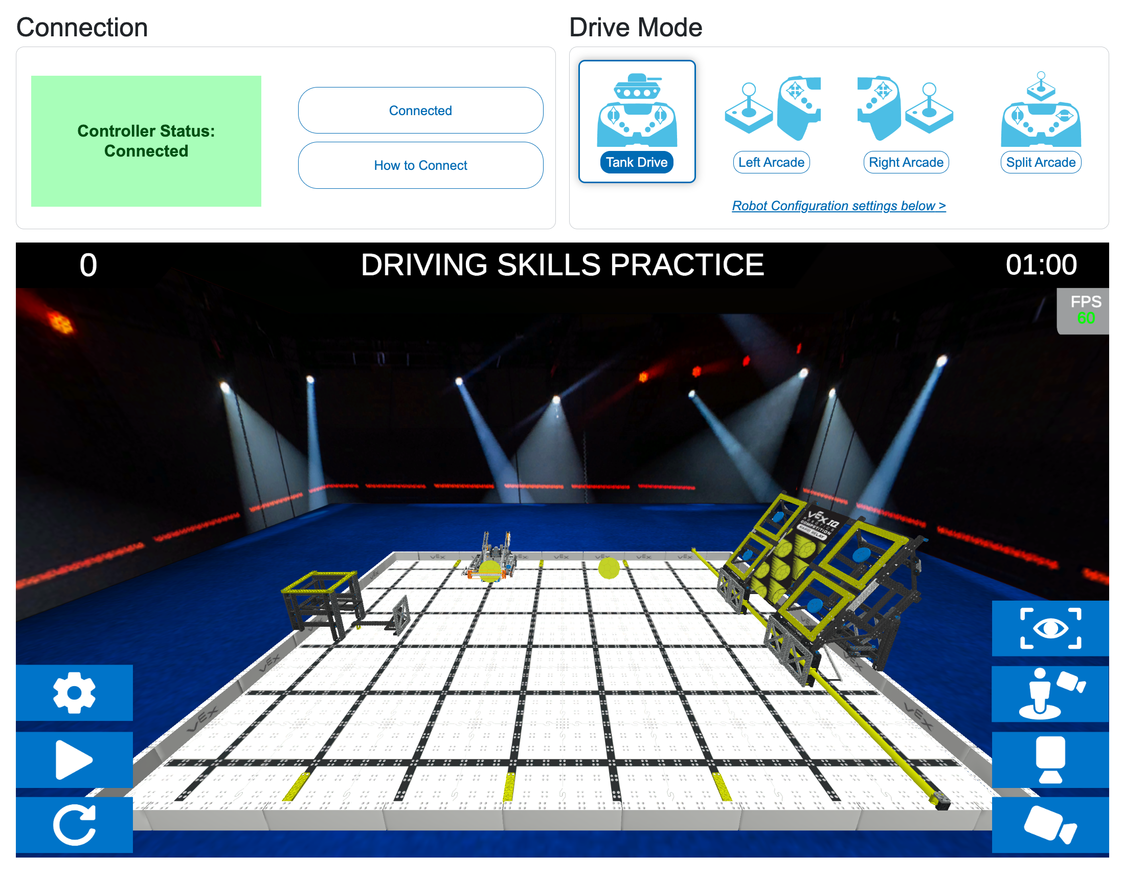 Das Fenster „Virtual Skills Practice“ zeigt in der oberen linken Ecke den Verbindungsstatus grün und „Verbunden“ an. In der oberen rechten Ecke werden für den Fahrmodus vier Optionen angezeigt: „Tank Drive“ ist ausgewählt und „Left Arcade“, „Right Arcade“ und „Split Arcade“ sind daneben abgebildet. Zu Beginn des Spiels wird das Feld zum Üben fahrtechnischer Fähigkeiten angezeigt.