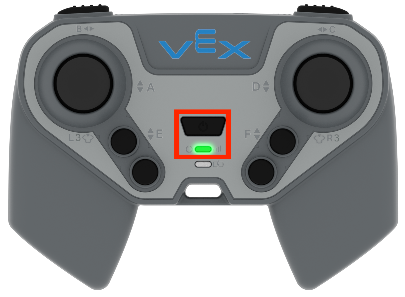 VEX IQ 2nd প্রজন্মের কন্ট্রোলার কন্ট্রোলারের কেন্দ্রে পাওয়ার বোতামের চারপাশে একটি লাল বাক্স এবং বোতামের নীচে সবুজ সূচক আলো।