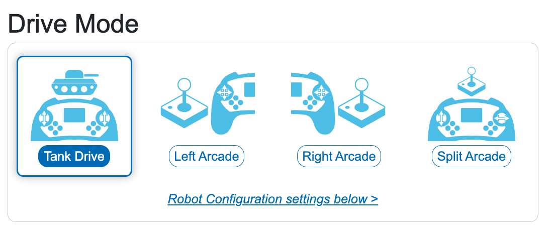 Una vista de cerca de las opciones del modo de conducción, que muestra el accionamiento del tanque seleccionado. Las otras tres opciones están a la derecha y leen Left Arcade, Right Arcade y Split Arcade.