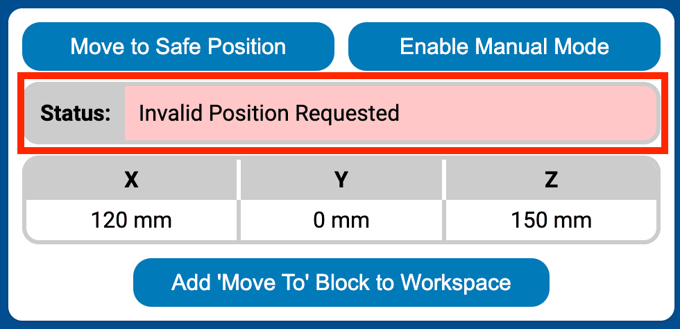 Phần trên cùng của Mặt dây chuyền dạy học hiển thị thanh Trạng thái thông báo lỗi Yêu cầu vị trí không hợp lệ, được đánh dấu trong hộp màu đỏ.