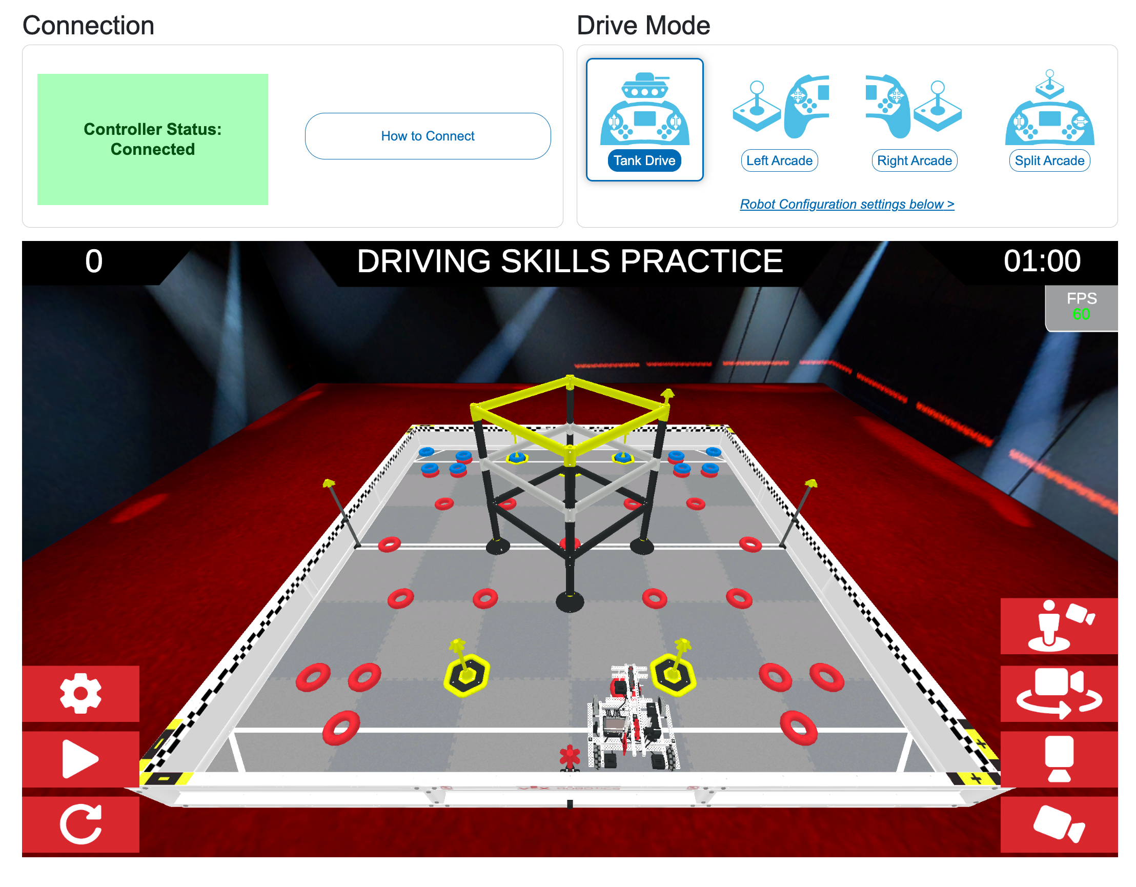 Virtual Skills Practice -ikkuna, jossa yhteyden tila näkyy vasemmassa yläkulmassa vihreänä ja Yhdistettynä. Oikeassa yläkulmassa Drive Mode näyttää neljä vaihtoehtoa, Tank Drive on valittuna ja Left Arcade, Right Arcade ja Split Arcade on kuvattu vierekkäin. Driving Skills Practice -kenttä näkyy ottelun alussa.