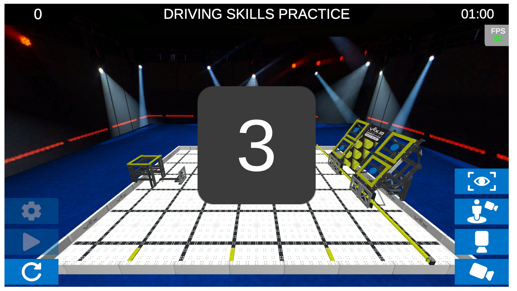 Okno Driving Skills Practice s velkou 3 uprostřed ukazující odpočítávání do začátku zápasu.