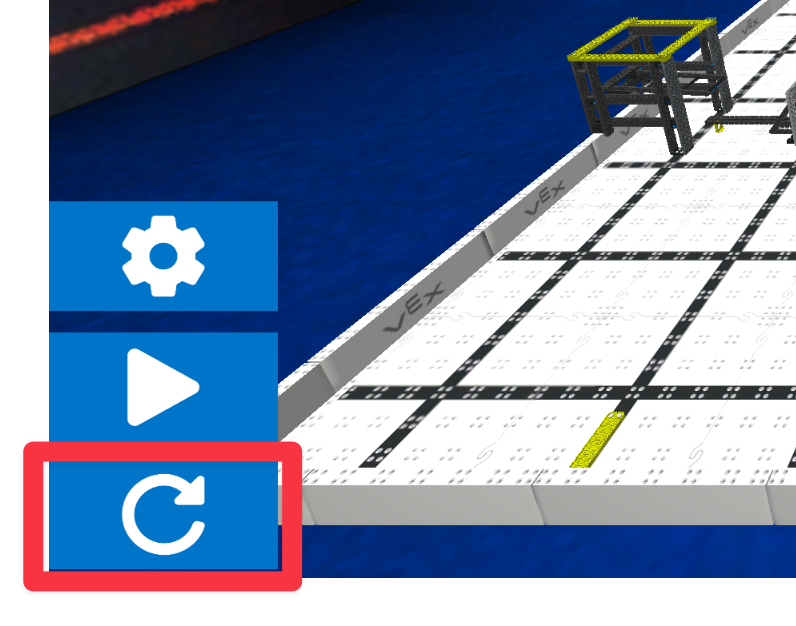 Detailní pohled na levý dolní roh okna Driving Skills s tlačítkem Reset, bílou kruhovou šipkou. Tlačítko Reset se nachází pod ikonou nastavení a tlačítkem Přehrát.