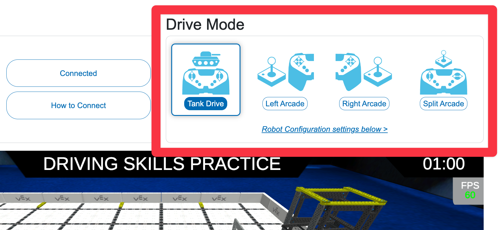 V pravé horní části okna Driving Skills Practice Window je v červeném rámečku zobrazena oblast výběru režimu jízdy. Aktuálně je vybrán Tank Drive a možnosti Left Arcade, Right Arcade a Split Arcade jsou zobrazeny v řadě.