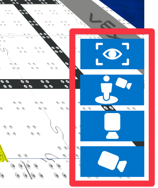 Detailní pohled na pravý dolní roh okna Driving Skills Practice, zobrazující čtyři tlačítka pro možnosti zobrazení. V pořadí odshora dolů zobrazují ikonu oční bulvy, tlačítko zobrazení řidiče, tlačítko kamery shora dolů a tlačítko kamery pronásledování.