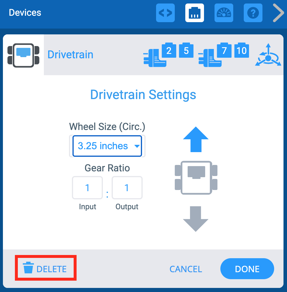 نافذة أجهزة VEXcode EXP مع قائمة إعدادات Drivetrain المعروضة. في الأسفل، يتم تسليط الضوء على زر الحذف.
