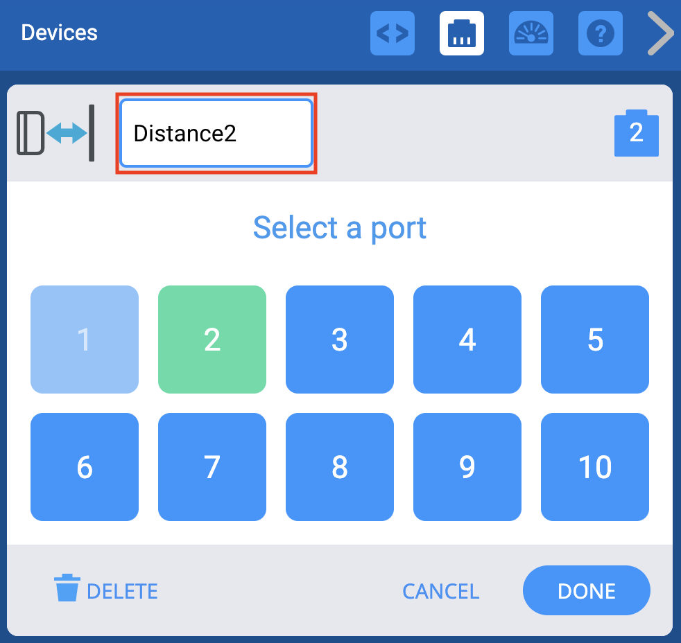 VEXcode EXP Geräte-Fenster mit Anzeige der Distanzsensoroptionen. Oben ist der Name des Distanzsensors hervorgehoben, um anzuzeigen, dass er umbenannt werden kann.