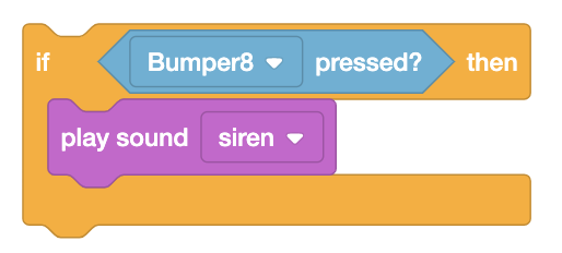 VEXcode EXP Wenn C-Block, der einen Pressing Bumper-Block in seinem Boolean-Parameter-Slot hat. Innerhalb des If-Blocks befindet sich ein Play-Sound-Stack-Block.