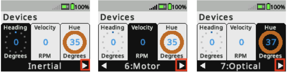 Im Menü „Geräte“ wird der „Brain Screen“ angezeigt, auf dem Informationen von angeschlossenen Geräten in Echtzeit gemeldet werden. Drei Screenshots zeigen, wie man mit der rechten Maustaste zum optischen Sensor navigiert und diesen auswählt. In diesem Beispiel ist der optische Sensor die siebte Option im Menü „Geräte“.