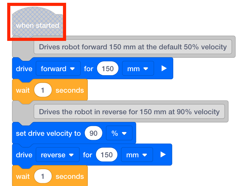 VEXcode EXP Blocks-Projekt, bei dem ein Hutblock deaktiviert ist, während die übrigen Blöcke im Stapel weiterhin aktiviert sind. Der Hutblock ist ausgegraut und mit einem Raster aus diagonalen Linien überzogen.