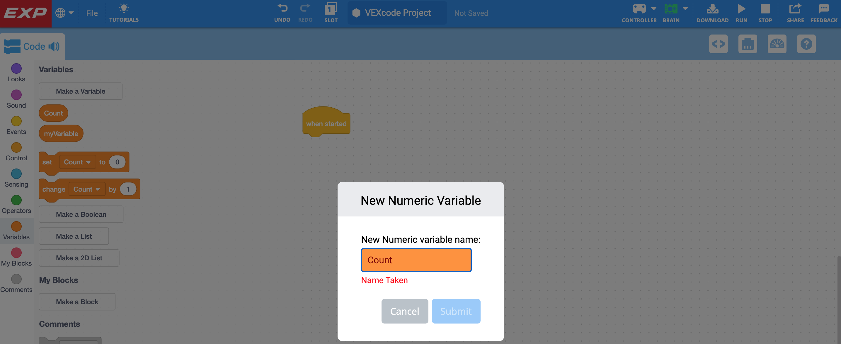 Példa arra, amikor egy felhasználó olyan nevű változót hoz létre, amelyet már egy másik változó foglal. Egy figyelmeztetés olvasható: A név foglalt.