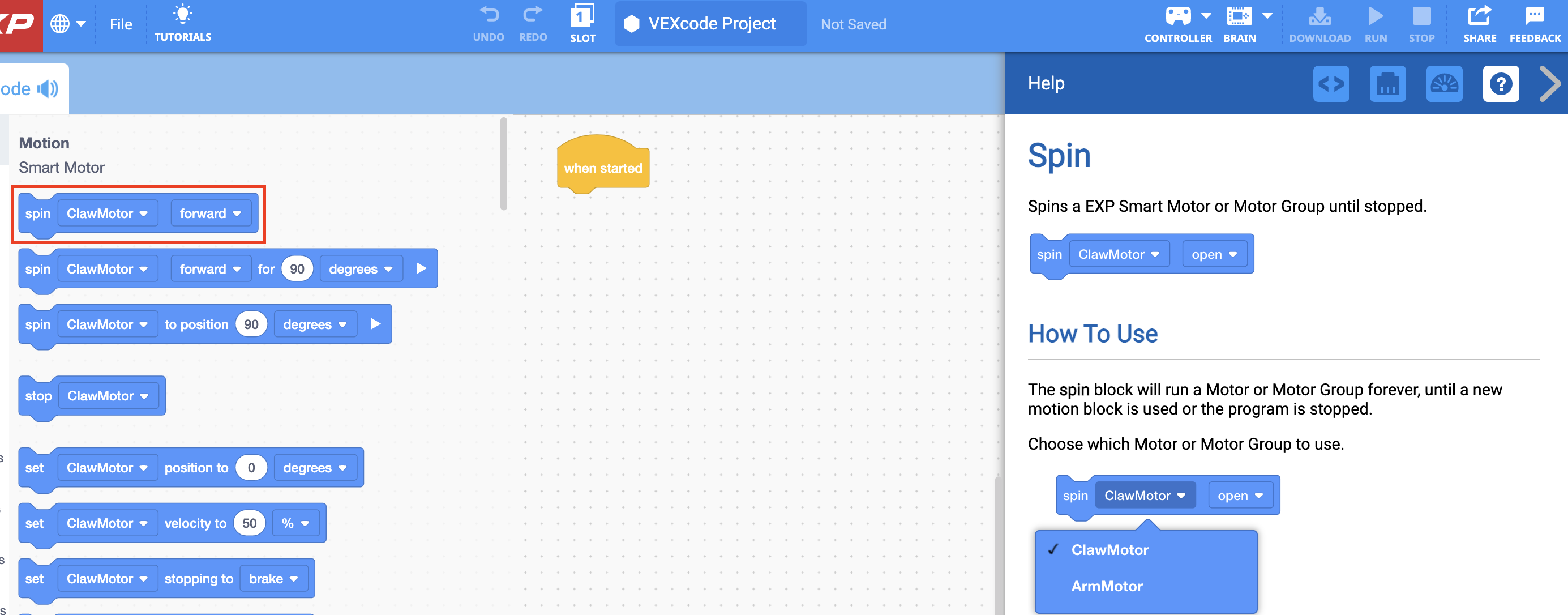 VEXcode EXP blokkeert Toolbox met het Spin-blok weergegeven en geselecteerd. Het Help-menu wordt aan de zijkant geopend en het Spin-blok wordt in het menu beschreven. Er worden beschrijvingen van het blok en hoe het gebruikt kan worden getoond, samen met afbeeldingen van voorbeeldgebruiken.