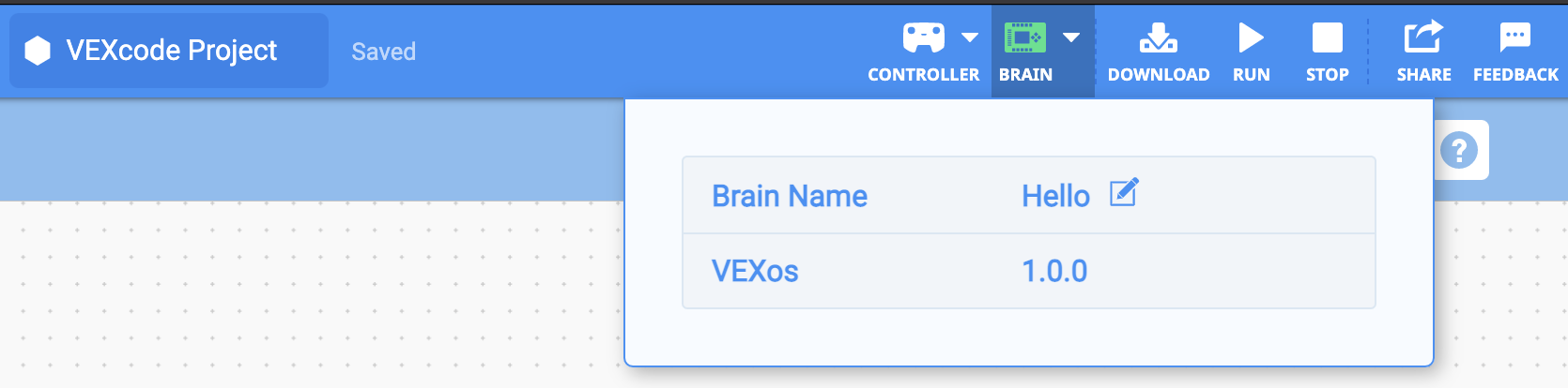 VEXcode EXP met een groen Brain-pictogram op de werkbalk om aan te geven dat de Brain is aangesloten en dat de firmware van de Brain up-to-date is. Het dropdownmenu Brain is geopend en de VEXos-versie wordt weergegeven zonder dat ernaast een knop Update staat.