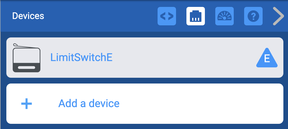VEXcode EXP Devices-menu met de eerder toegevoegde eindschakelaar weergegeven.