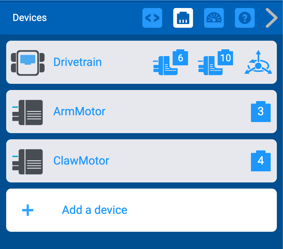 VEXcode EXP Devices-menu nadat een sjabloonvoorbeeldproject is geopend. Het Clawbot Drivetrain 2-motorproject is geopend en omvat een klauwmotor, een armmotor en een aandrijflijn met 2 motoren.