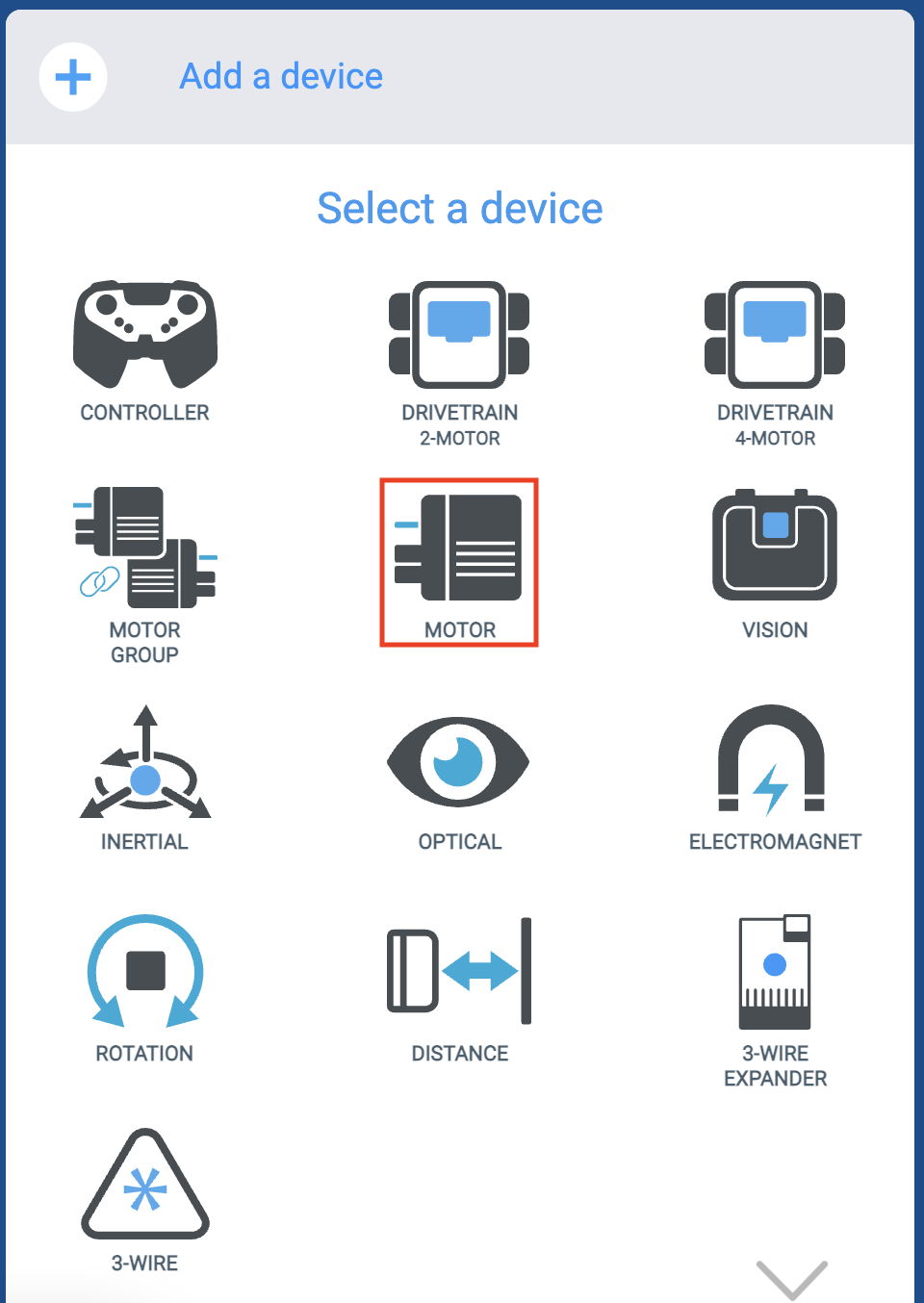 VEXcode EXP Devices-menu nadat de knop Apparaat toevoegen is geselecteerd. De optie Motor is gemarkeerd.