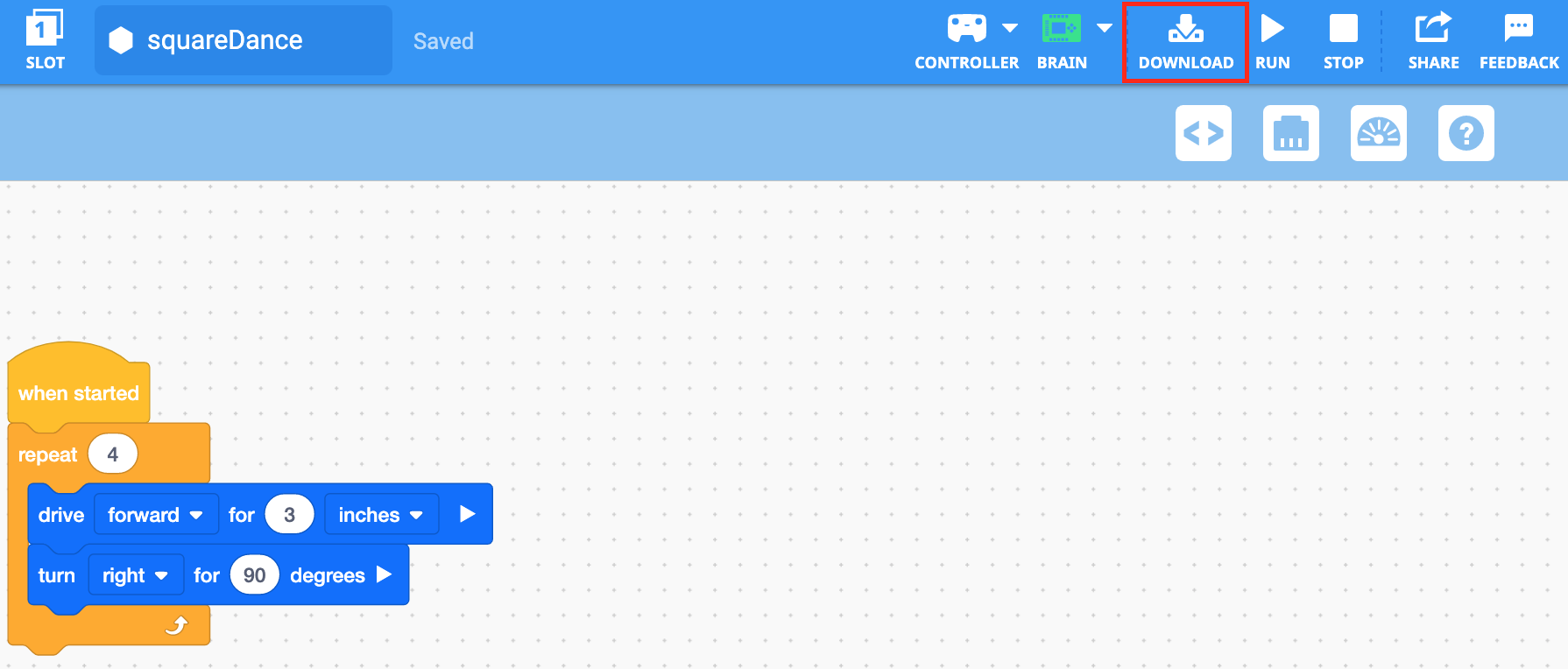 VEXcode EXP-werkbalk met het Download-pictogram gemarkeerd tussen de pictogrammen Brain en Run.