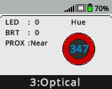 Het hersenscherm wordt weergegeven met het dashboard met de optische sensor geopend via het menu Apparaten. Er wordt informatie over de sensor weergegeven, zoals de tint, LED, helderheid, nabijheid en de Smart Port van de sensor.