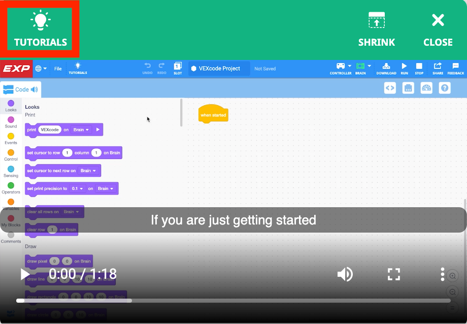 De instructievideo is geopend en het pictogram Tutorials in de linkerbovenhoek is gemarkeerd.